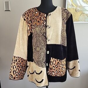 VINTAGE Indigo Moon Embroidered Button Jacket Gold Black Leopard Print Patches